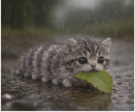 The CATerpillar sitting in the rain on wet pavement, still holding its leaf.