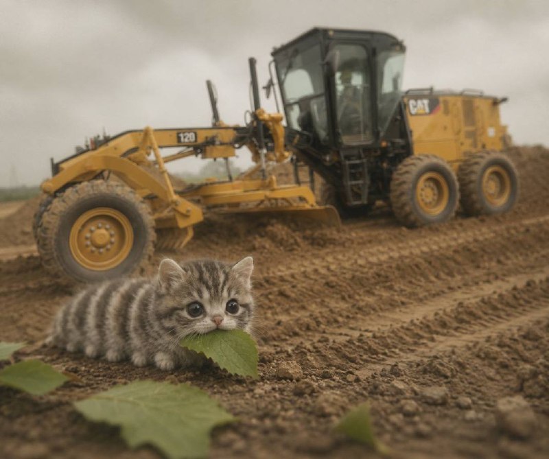 The CATerpillar in a dirt field in front of a yellow CAT construction grader, building its empire.