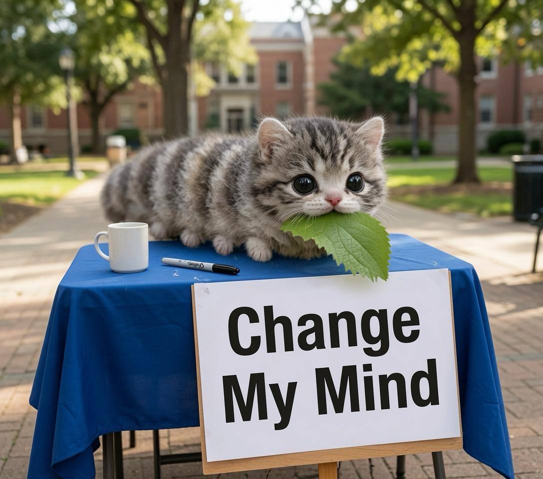 Meme: the CATerpillar at a campus Change My Mind table.
