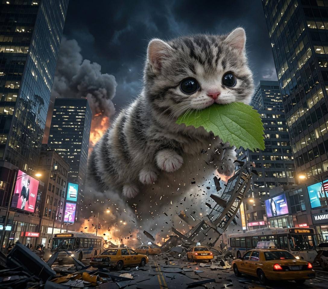 Meme: a giant CATerpillar towering over a destroyed city, kaiju style.