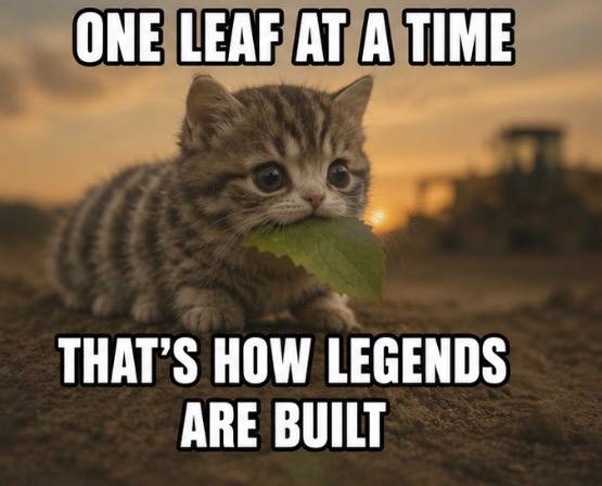 Meme: the CATerpillar with a leaf. Caption: one leaf at a time, that's how legends are built.