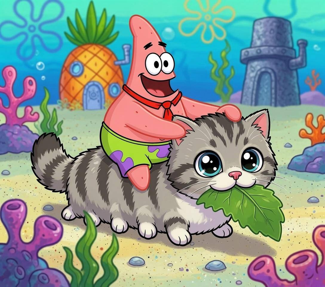 Meme: Patrick from SpongeBob riding the CATerpillar across the seafloor.
