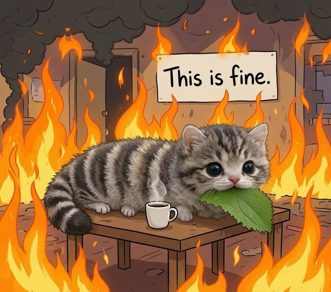 Meme: the CATerpillar at a table in a burning room. Caption: this is fine.