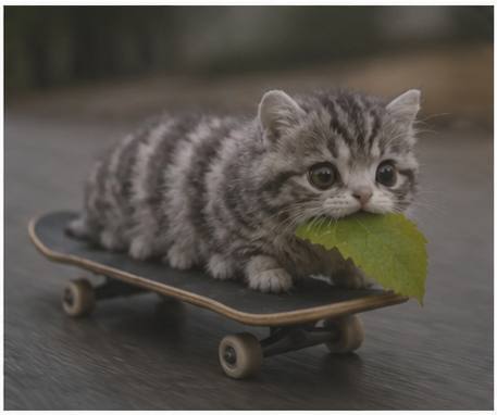 The CATerpillar balancing on a tiny skateboard, holding a leaf.