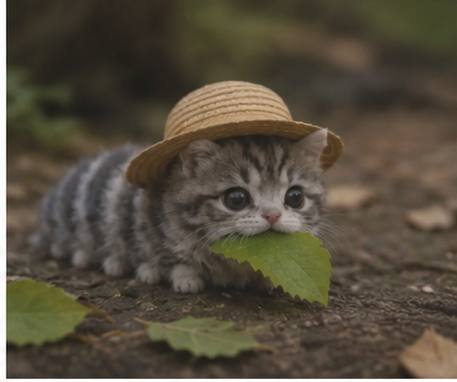 The CATerpillar wearing a tiny straw hat in the forest.