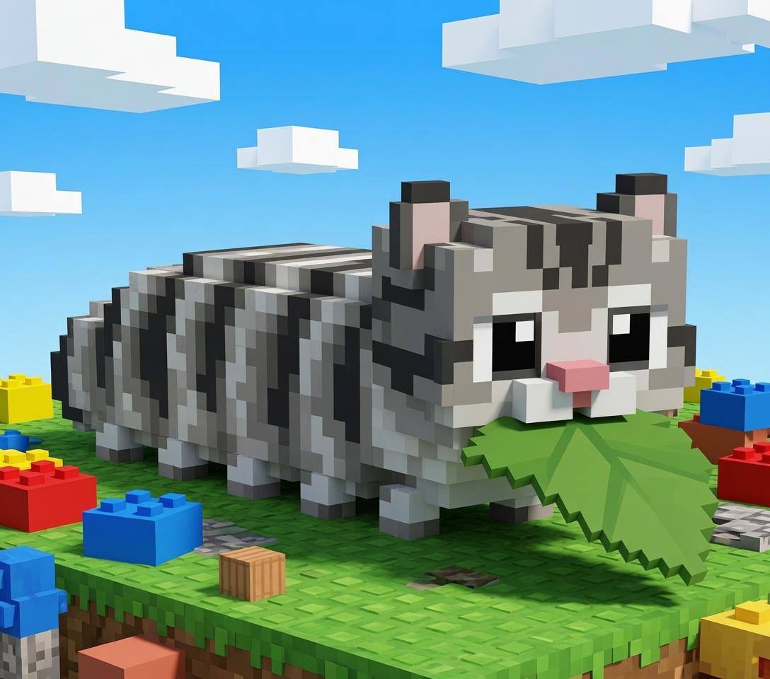 The CATerpillar rebuilt as a blocky Minecraft-style voxel model on a grass platform.